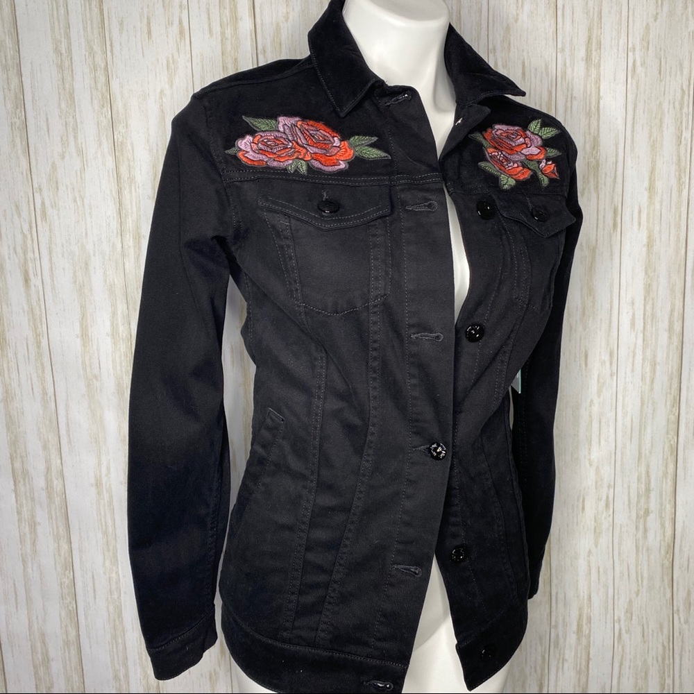 Black jean jacket embroidered roses NWT XXS